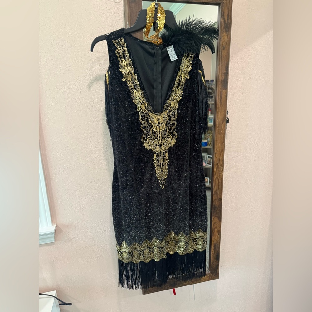 Spirit Black Midi Dress with Gold Appliqué and Fringe